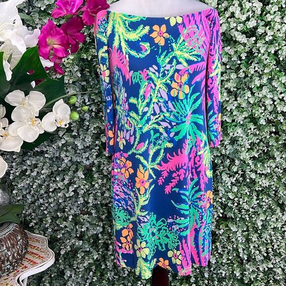 Lilly Pulitzer Indigo All A Glow Tropical Floral Laurana Off The Shoulder Dress - Picture 1 of 13
